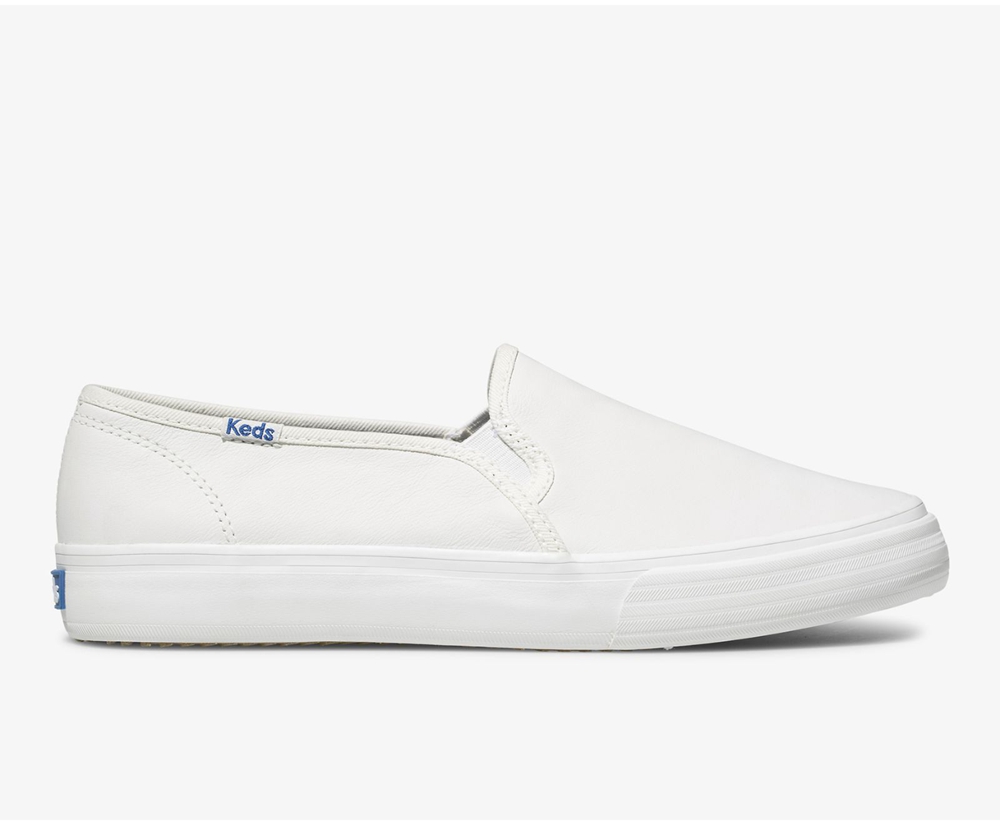 Slip Ons Keds Mujer Blancas - Double Decker Cuero - 370-ONAMJH